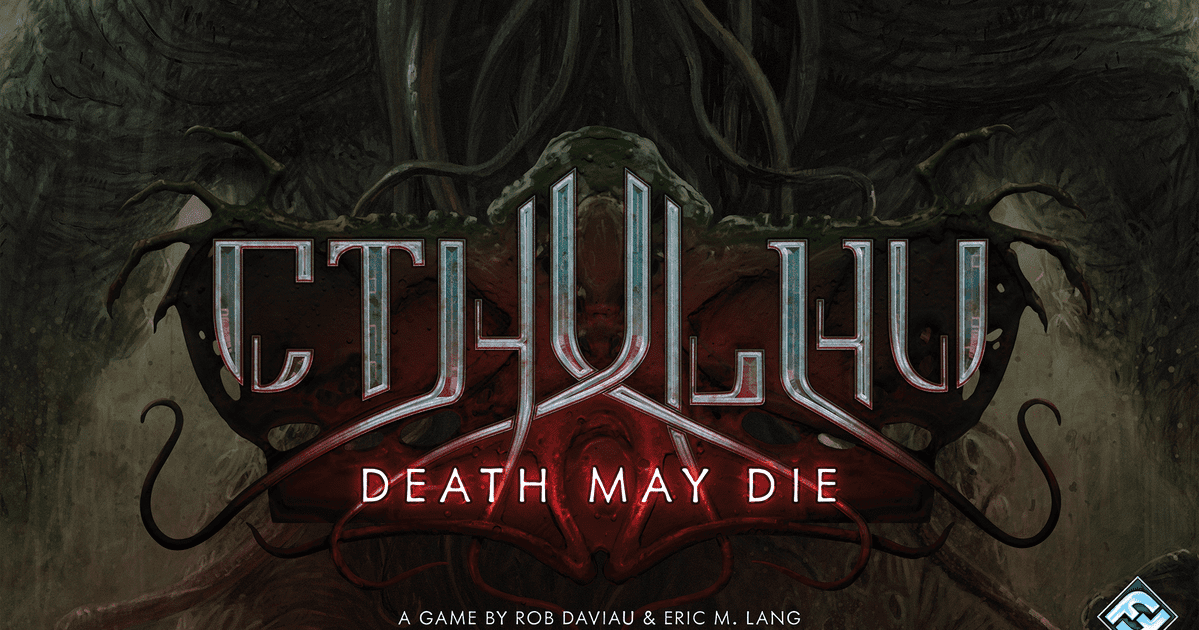 Box art for Cthulhu: Death May Die by CMON, showing investigators confronting a towering Great Old One miniature