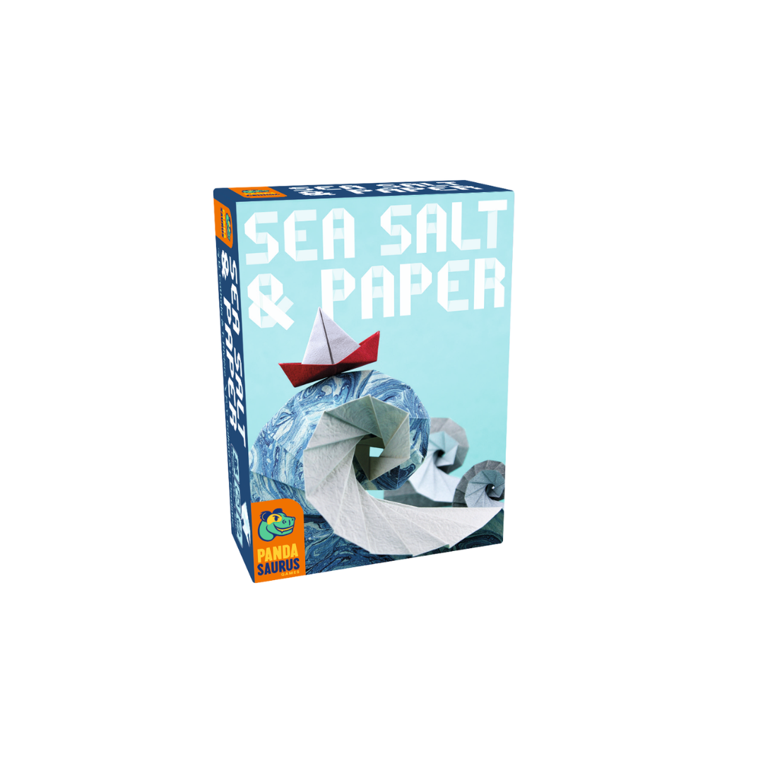Box art for Sea Salt and Paper by Pandasaurus Games, showing an origami paper boat and swirling wave on a teal background